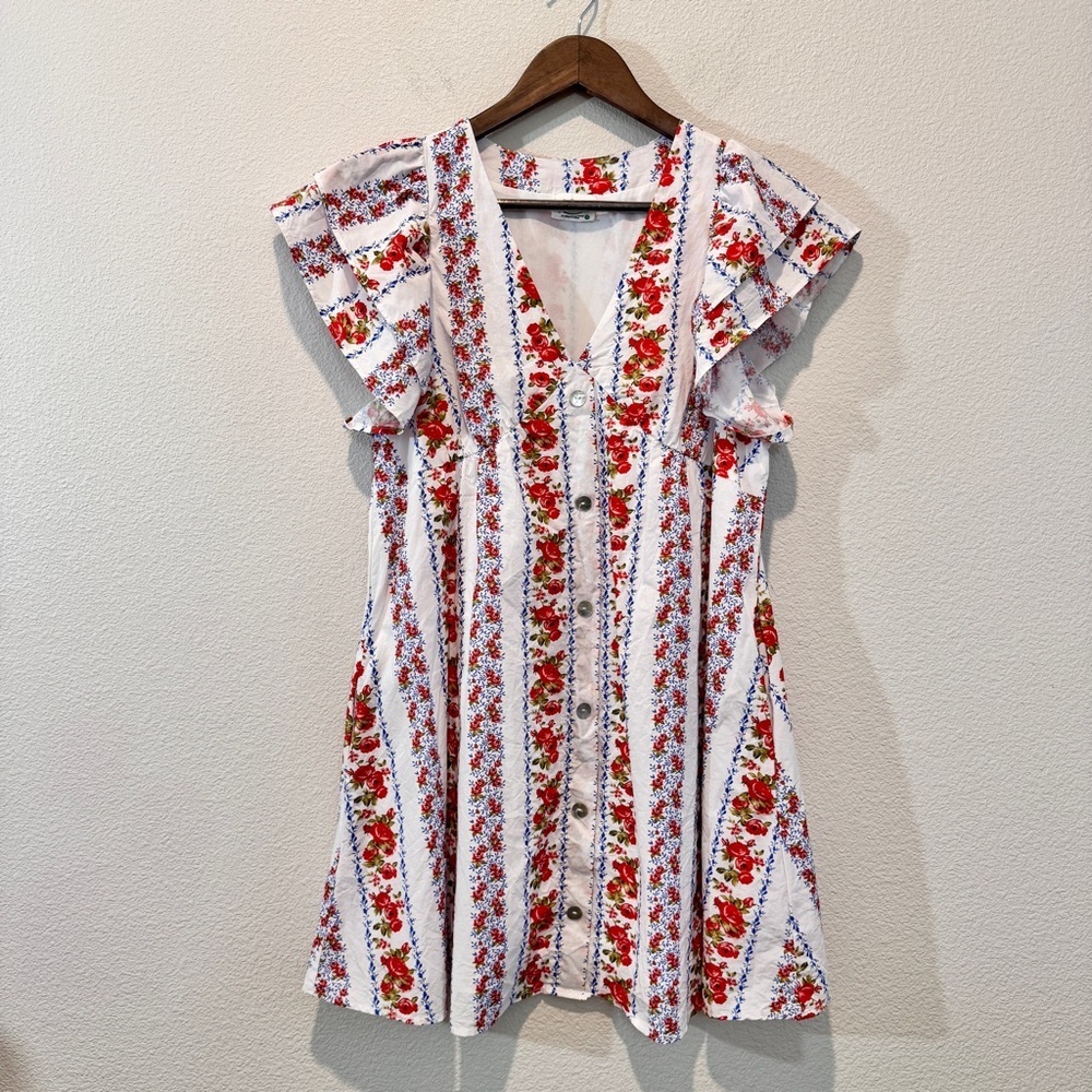 Cottagecore Coquette Floral Button Front Flutter Sleeve Mini Dress Lined S EUC